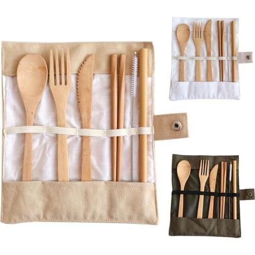 7Pcs Flatware Cutlery Eco-friendly Bamboo Knife Fork Spoon Chopsticks Straw Set