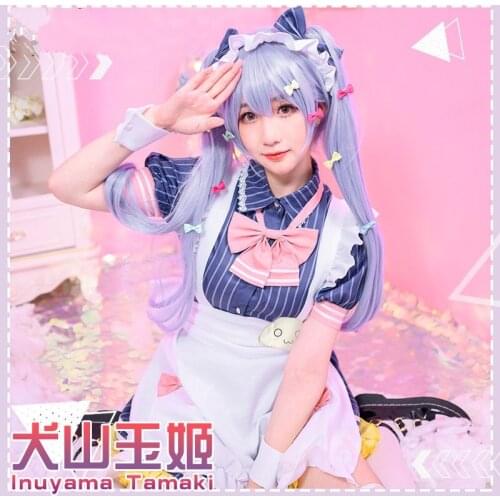 Anime Virtual Youtuber Inuyama Tamaki Maid Dress Cute Lolita Uniform Cosplay Costume Halloween Costumes for Women Dress+Wig