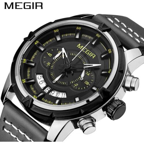 MEGIR Sport Men Quartz Watch Multifunction Chronograph Fashion Wrist Watches Clock Men Relogio Masculino with Leather Strap