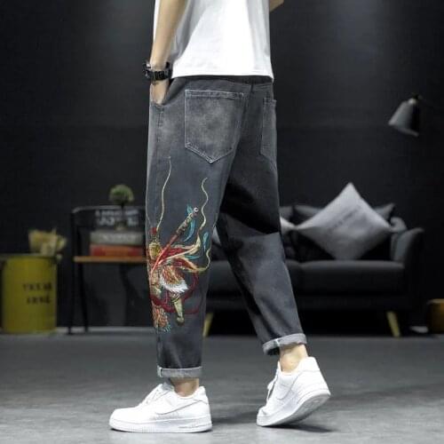 Autumn New Embroidered Jeans Mens Loose Plus Size Harem Pants Male Elastic Waist Casual Straight Denim Trousers Calça Masculina