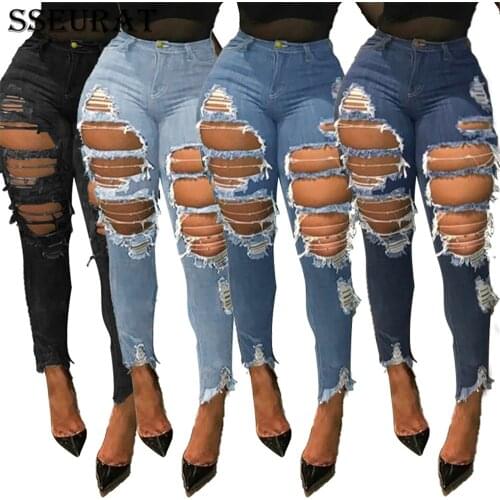 SSEURAT High Waist Jeans For Women Slim Stretch Holes Denim Jean Bodycon Skinny Push Up Jeans Woman Ripped Womens Jeans