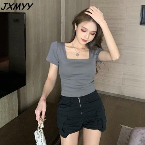 2021 summer T-shirt design top slim slimming slimming western-style square neck bottoming shirt fashion JXMYY