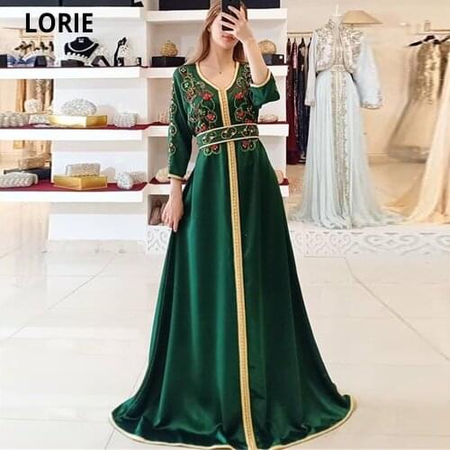 LORIE Satin Evening Dresses Moroccan Caftan for Women Lace Appliques Beading Formal Green Prom Party Celebrity Gowns Long 2020