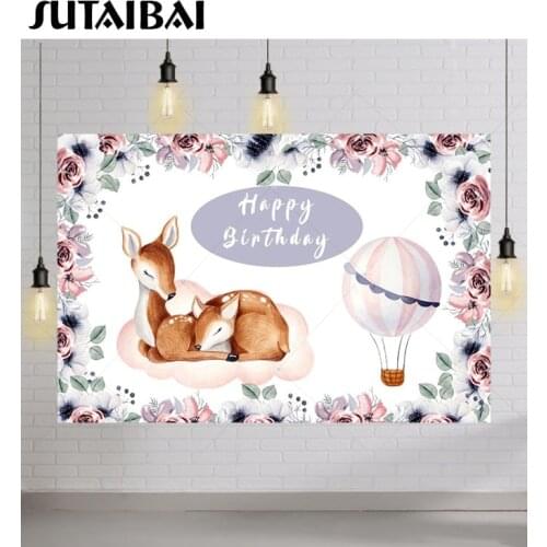 Cute Deer Happy Birthday Party Custom Backdrop Hot Air Balloon Flowers Baby Shower Photo Background Banner Photography Studio