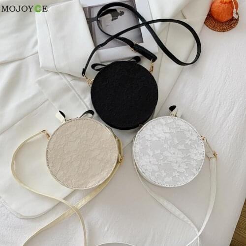 Fashion Women Lace Flower PU Leather Round Shoulder Crossbody Messenger Bag Casual Ladies Solid Color Mini Purse Handbags