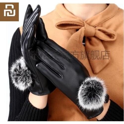 Youpin mijia fashion Female Leather gloves Touch screen plus velvet thickening gloves woman Warm rabbit fur Driving gloves