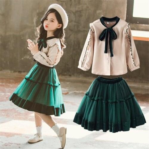 Fashion Princess Clothing Set Girls Bow Blouse and Solid Lace Skirt Two Piece Girl Set Spring Autumn School Teenage Skirt Sets