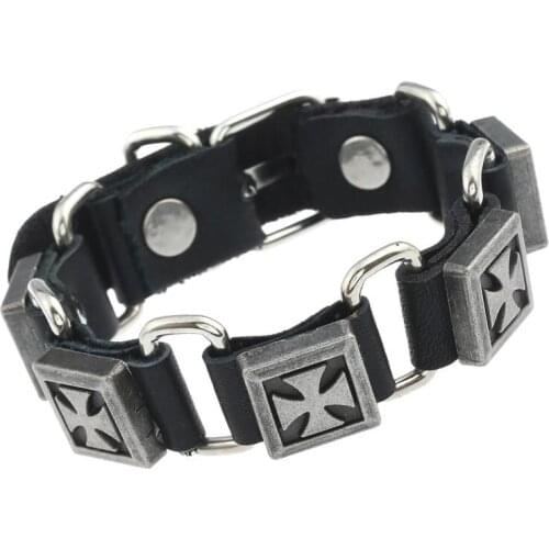 Fashion Vintage Punk Cross Charm Cuff Bracelet Handmade Leather Men Women Biker Alloy Link Chain Bangle Wrap Wristbands Jewelry