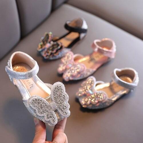 Summer Spring Girls Princess Shoes Butterfly Ankle Strap Sandals Crystal Big Girls Mary Janes Bling Kids Party Shoes Child