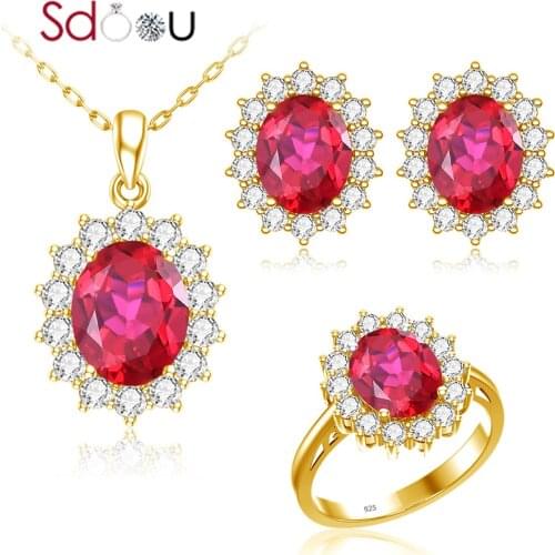 SDOOU Bridal Jewelry Sets For Women Sterling Silver Rings Stud Earrings Pendant Sunflower Carved Ruby Romantic 14k Gold Jewelry