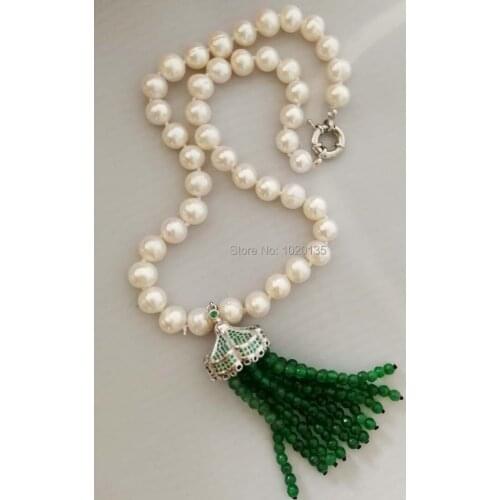 Wholesale freshwater pearl white round 9-10mm and green jades stone tassel beads neklace 19inch FPPJ butterfly clasp