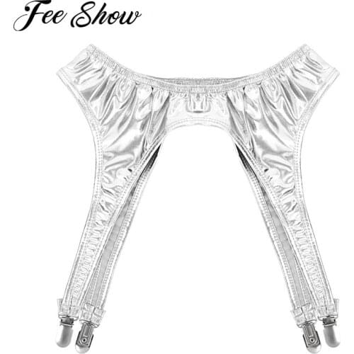 Punk Goth Women Shiny Metallic Exotic Garter Belt Four Metal Clips Sexy Lingerie Suspender Elastic Belt for Thigh High Stockings