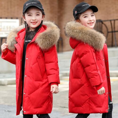 Big Fur Collar Down Parka Casual Fashion Girls Winter Coat Warm Superlight White Duck Down Mid-length Style Teen Girls Outerwear