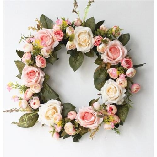 Rose camellia Wreath Christmas Door Wall Hanging Ornament Rattan Round Garland Decoration Artificial Flower Fake silk Flower