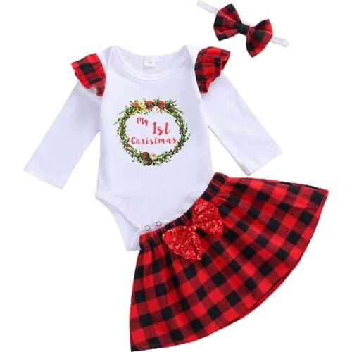 0-12M Christmas Spring Autumn Infant Baby Girls Clothes Long Sleeve Letter Romper + Plaid Short Skirt + Bow Headwear 3Pcs Set