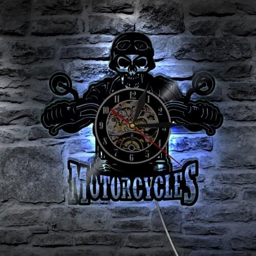 Cool Skull Motorcycle Wall Art Clock Skull Biker Vinyl Record Wall Clock Modern Design Halloween Home Decor Skull Rider Clock