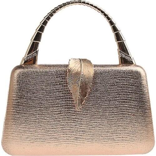 Women Gold Clutch Bag PU Leather Handbag with Handle Metal Leaf Lock Party Wedding Purse