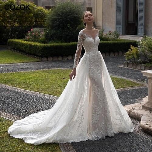 Elegant Illusion Mermaid Wedding Dresses long 2021 Lace Appliques New Arrival Detachable A-Line Skirt Bridal Gown