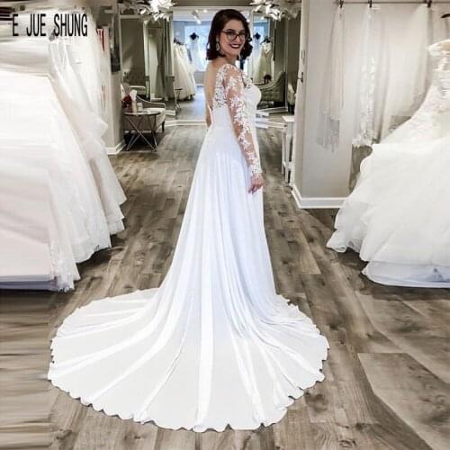E JUE SHUNG Modern Sexy Wedding Dresses Deep V Neck Illusion Long Sleeve Open Back Bridal Gowns A Line Chiffon Robe De Mariee