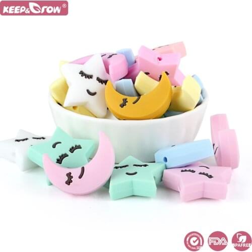 Keep&Grow 10Pcs Silicone Beads Food Grade Star Moon Baby Teething Beads BPA Free Baby Teether Toys DIY Necklace Accessories