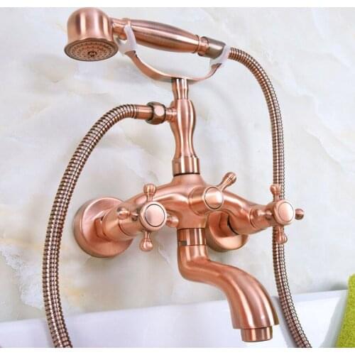 Antique Red Copper Brass Dual Cross Handles Wall Mounted ClawFoot Bath Tub Faucet Mixer Tap With Hand Shower Spray mna323