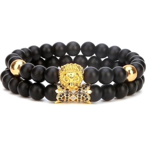 2PCS/SET Gold Crown Matte ONyx Bracelet and Rose Lion Head Onyx