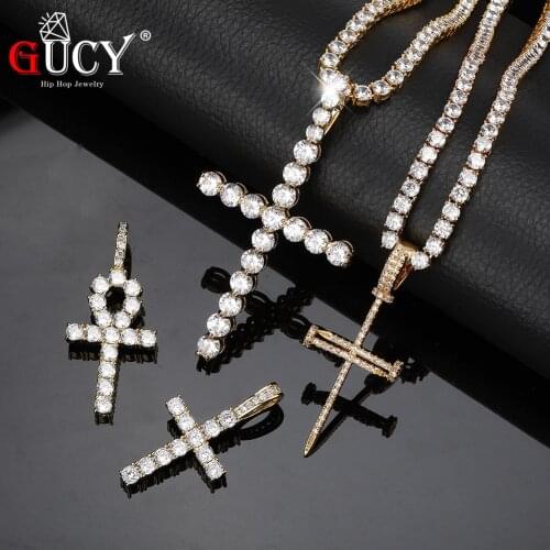 GUCY Hip Hop Solid Back Ankh Cross Pendant Necklace Micro Pave AAA+ Cubic Zirconia Stones Egyptian Necklace For Gift