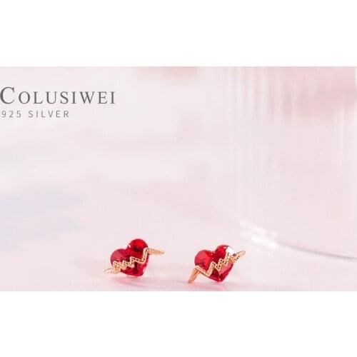 Colusiwei 100% 925 Sterling Silver Romantic Red Crystal Love Heart Stud Earring for Women Mini Tiny Ear Pin Fine Jewelry Brincos