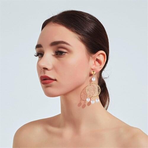 CRLEY Vintage Silver Tassel Dream Catcher Earrings For Women Girls Round Earring Simulated-pearl Statement Jewelry Earring