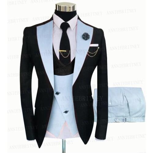 Formal Black Suit Men 3 Pieces Tailored Groom Wedding Tuxedo Slim Fit Business Blazer Suit Jacket Double Breasted Vest Pants Set