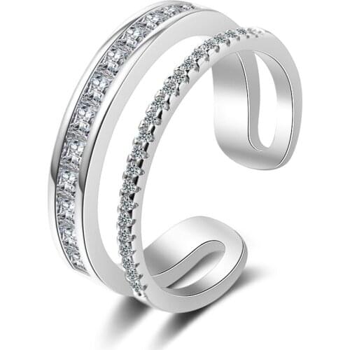 Delicate Double Layer Cubic Zircon Finger Ring 925 Sterling Silver Open Size Ring For Women Party Jewelry