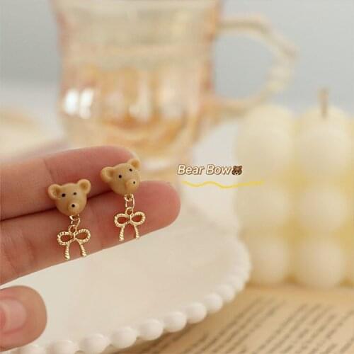Ear clip cute childrens earrings Korean trend spring and summer new silver needle simple bear bow earrings womens jewelry