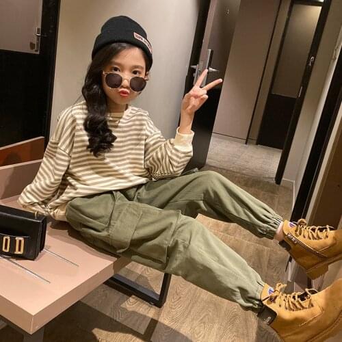 Girls Cargo Pants Clothes Set 10 12 years Girls Striped Tops 2 pieces Autumn Spring Fashion Casual Suits Teen Girls Outfit