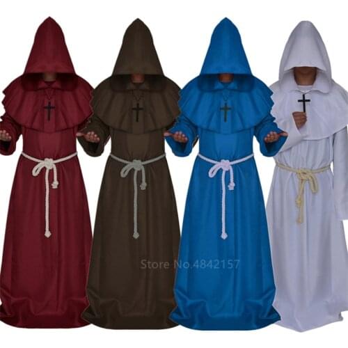 Medieval Monk Halloween Costumes Comic Con Party Cosplay Costume Hooded Robes Cloak Cape Friar Renaissance Priest for Men