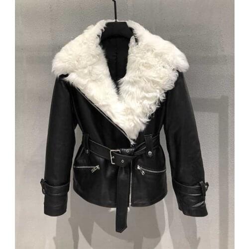Jacket With Fur Collar Womens Coat Plus Size Sheep-Fur-Collar Genuine Leather Black Belt Female Outwear