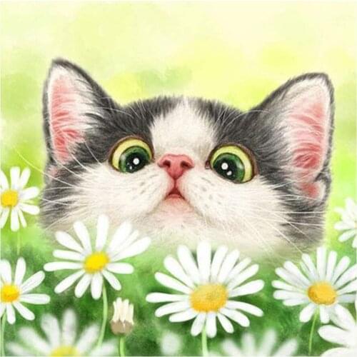 Little Cat in White Flowers Diamond Painting Round Full Drill DIY Mosaic Embroidery 5D Cross Stitch Floral Cartoon Animal
