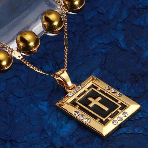 Trendy Cross Gold Color Rhinestone Pendant Necklaces Black Enamel Cross Crucifix Chain Jewelry