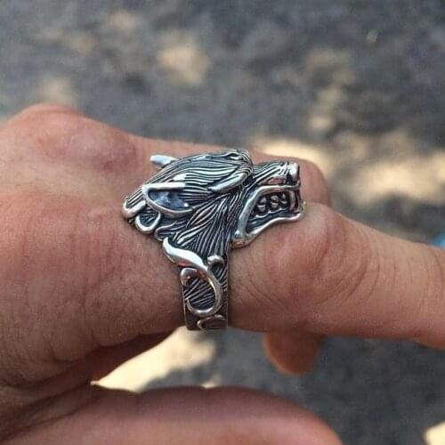 Personality Retro Wolf Head Ring Domineering Viking Mens Silver Color Wolf Ring Trend Men Motorcycle Party Jewelry Accessories