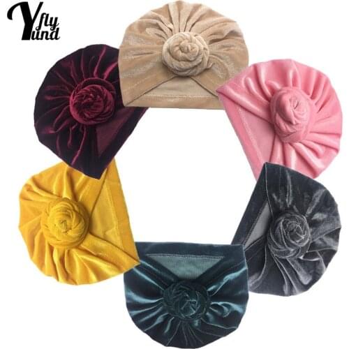 Yundfly 18*18 CM Soft Comfortable Golden Velvet Infant Indian Hat Solid Color Handmade Knotted Baby Caps Kids Hair Accessories