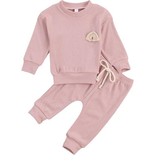 New Baby Solid Color Clothes Set, Rainbow Embroidery Long Sleeve O-neck Tops + Drawstring Waist Long Pants Set