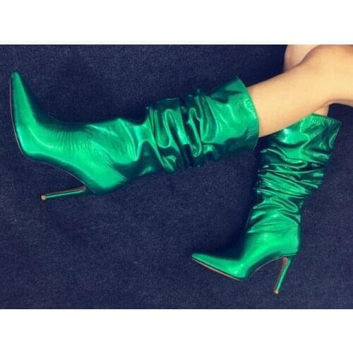 Drop Shipping Woman Hot Green Patent Leather 10 cm Thin Heels Pointed Toe Slip On Pleated Night Club Knee High Long Boots