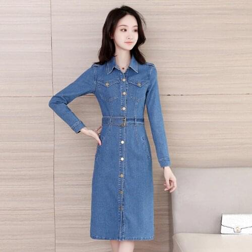 S-3XL New Women Denim Dress Spring Autumn 2021 Fashion Casual Blue Long-sleeve Adjustable Waist Package Hip Slim Cotton Dress
