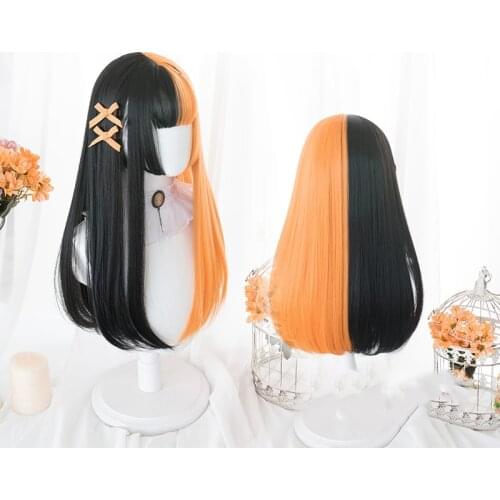 Mixed Black Orange Lolita Wig Harajuku Long Straight Synthetic Hair Fringe Bangs Adult Chic Girls Halloween Evil