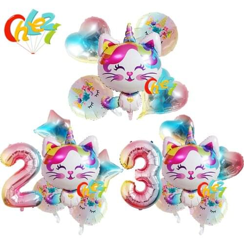 6pcs Rainbow Unicorn Cat Foil balloon 32inch Gradient color Number ballon Birthday Wedding Party Decoration supplies Baby Shower