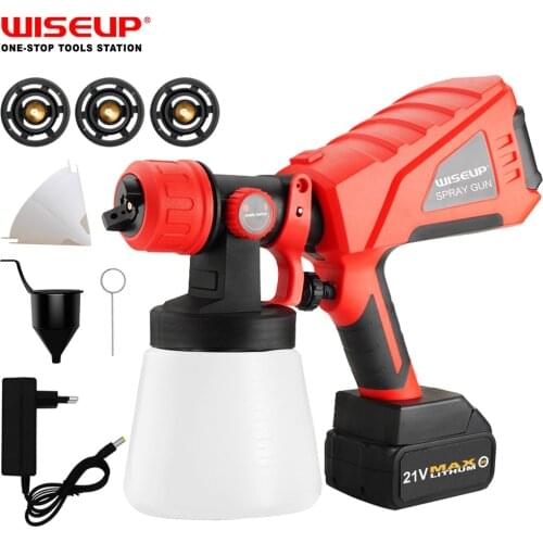 WISEUP 21V Cordless Battery Spray Gun HVLP Electric Paint Sprayer 1000ml High Capacity Airbrush With 3 Nozzle Sizes Flow Control