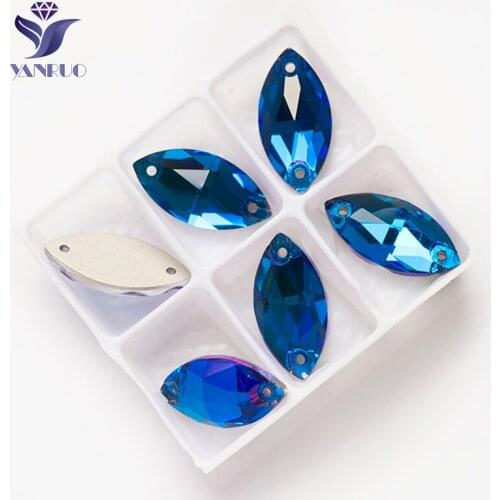 YANRUO 3223 All Sizes Blue Zircon Strass Flatback Rhinestone Sew On Crystal Navette Shape For Wedding Dress