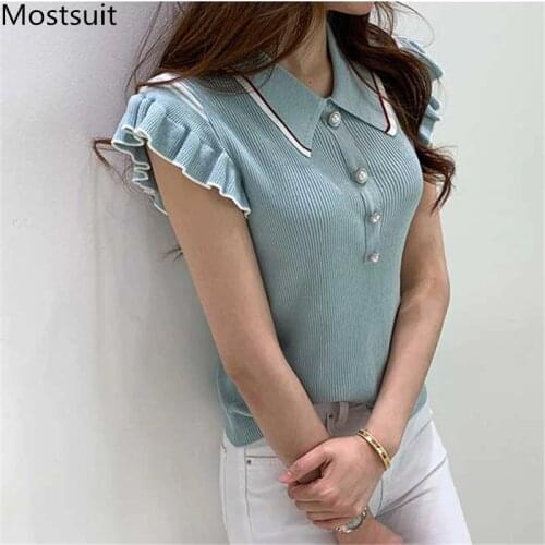 2020 Summer Korean Fashion Knitted T Shirts Tops Women Buttfly Sleeve Turn-down Collar Pearl Buttons Slim Elegant Tees Tshirts