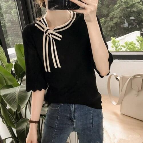 Fashion 2021 Summer College Style Women Simple T-shirt Solid Color Short Sleeve Knitted Pullove Tops Casual Jumper Thin Knit