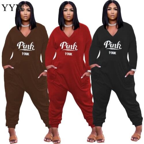 Autumn Winter Jumpsuit Women Pink Letter Print V Neck Loose Trousers Romper Long Sleeve Streetwear Elegant Bodysuit Plus Size