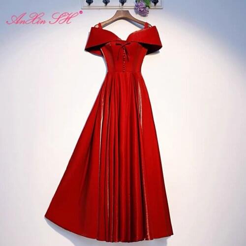 AnXin SH princess wine red satin evening dress party fashion boat neck beading button bow lace up a line bride evening dress